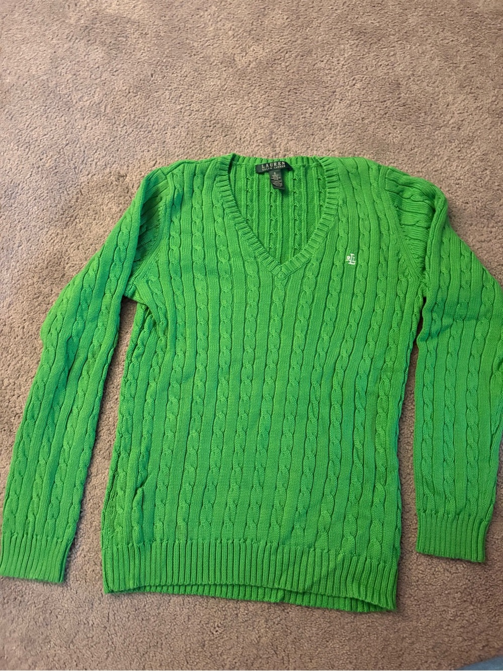 Ralph Lauren Bright Green Cable-Knit V-Neck Sweater